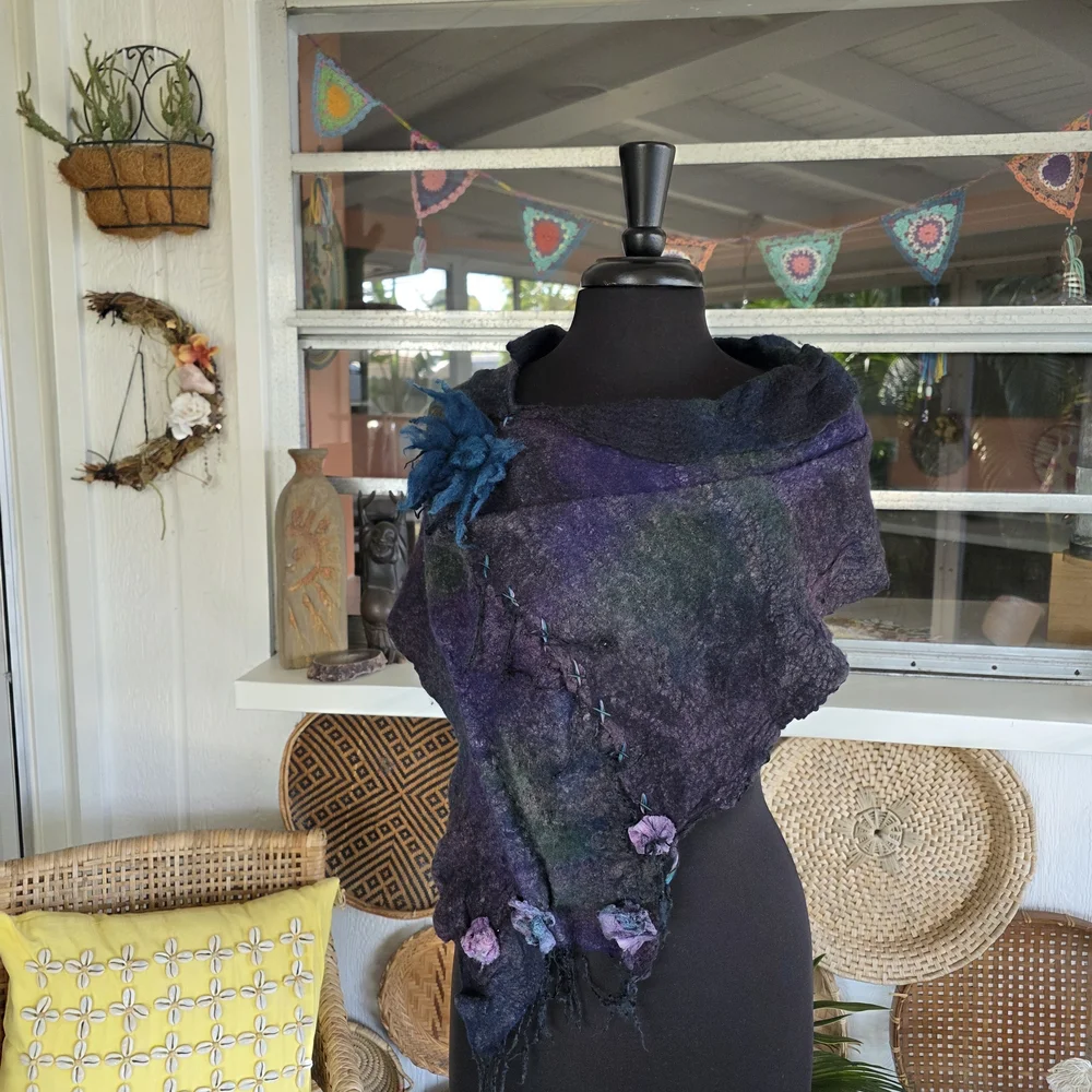 Handmade Nuno Felted Wool Scarf Artisan Boho Chic Bohemian Collar Artsy